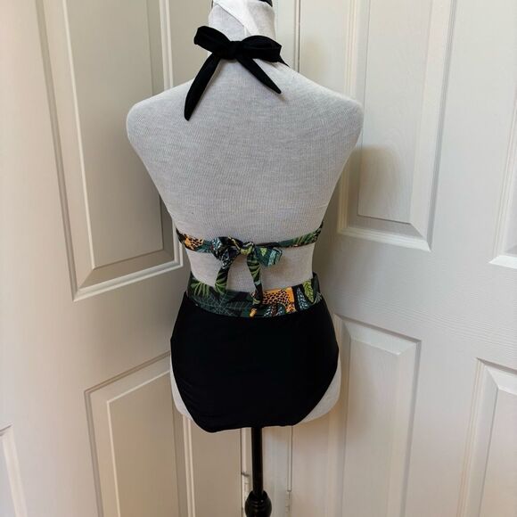 Black Halter Bikini with Tropical Print Large - Picture 2 of 4